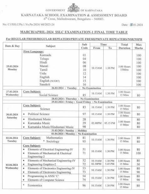 Sslc karnataka board 2024 exam  time table 