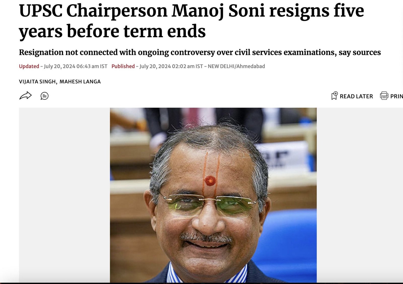 Upsc chairman manoj soni resigned